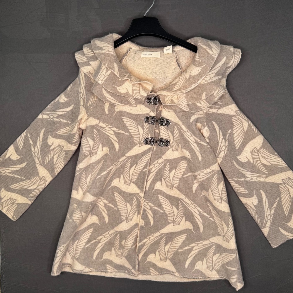 Anthropologie Sleeping On Snow 100% Wool Bird‎ Print Hooded Coat Cardigan S Rare